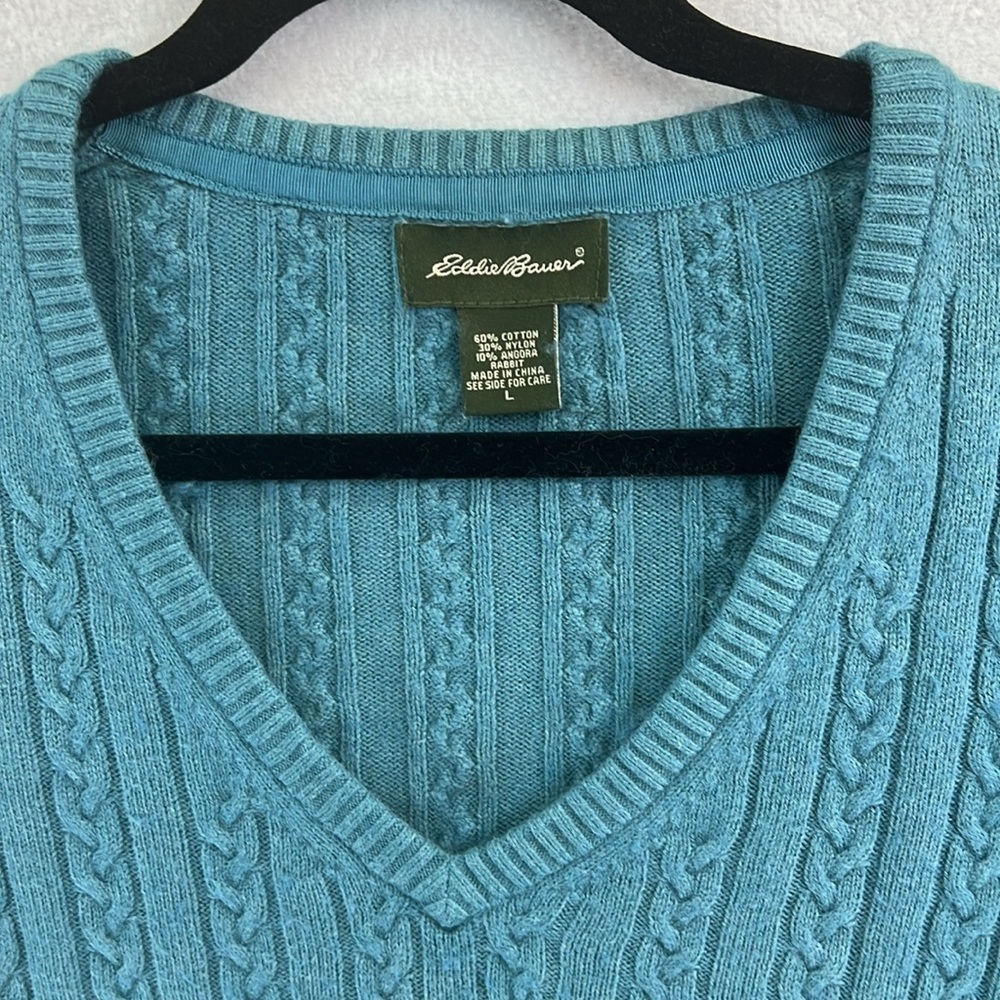 Eddie Bauer Pullover V-Neck Sweater Women’s Large Teal Cotton/Nylon/Angora Cable - Picture 3 of 12